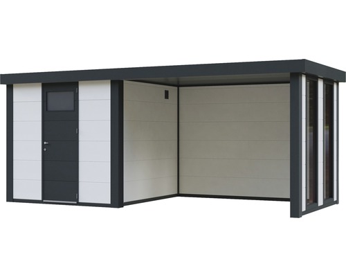 Modernt trädgårdshus med öppen sida och dörr