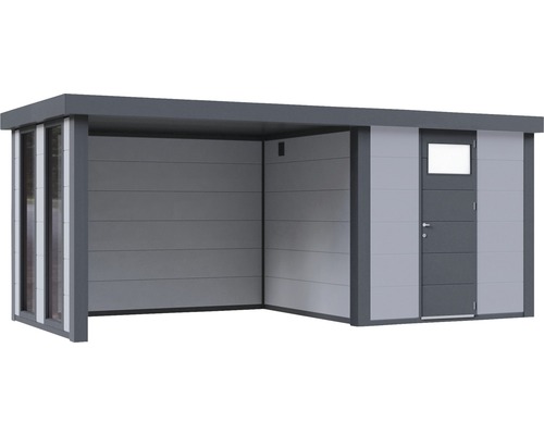 Modern trädgårdshus med platt tak och dörr