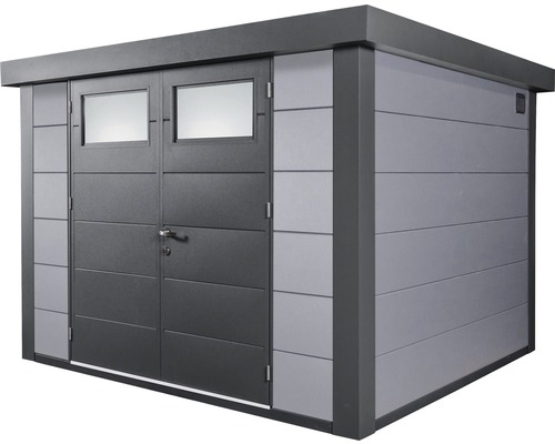 Trädgårdsskjul med dubbeldörr och fönster
