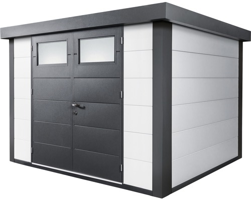 Trädgårdsskjul med dubbeldörr och fönster