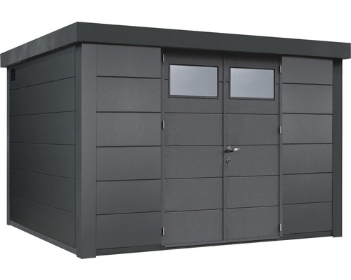 Rymligt redskapsbod i metall med dörr och fönster