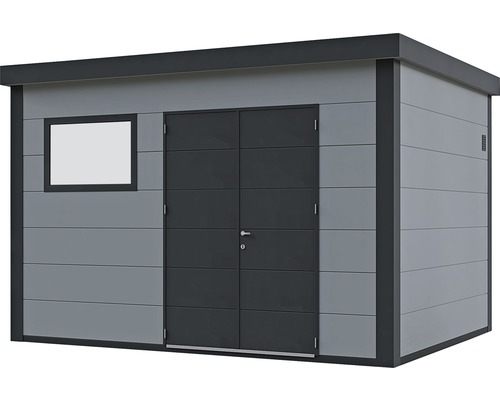 Grått redskapsbod med fönster och dubbeldörr