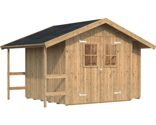 Trädgårdshus i trä med täckt veranda och två fönster