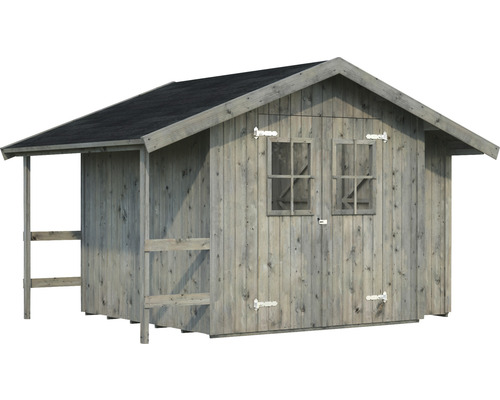 Grått trädgårdshus i trä med tak och två fönster