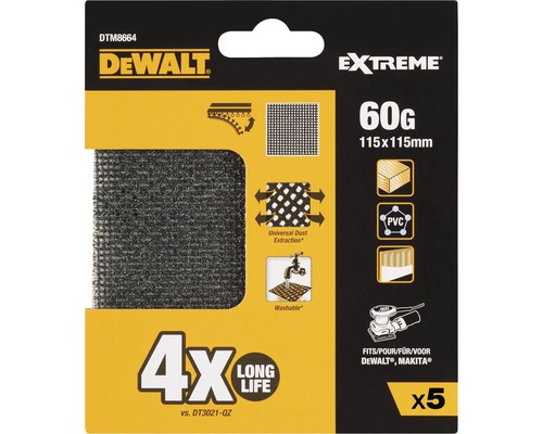 DeWalt Logo slipnät, kornstorlek 60, 115x115 mm, lämplig för DeWalt och Makita apparater, femfaldigt