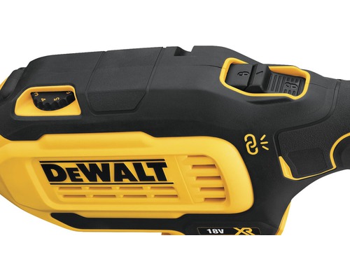 Detaljerad vy av en DeWalt multifunktionell verktygsmaskin med hastighetsregulator, LED-lampa och företagslogotyp.