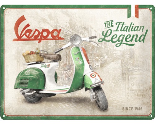 Metallskylt med Vespa motiv, text: The Italian Legend