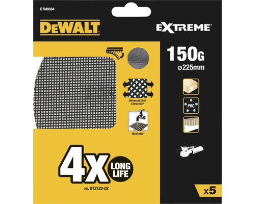 DeWalt Extreme slipnät, 150 g, diameter 225 mm, 5 stycken