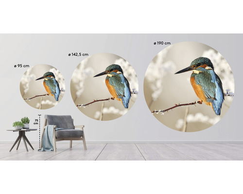 Tre runda väggbilder med en fågel på en gren i olika storlekar i ett vardagsrum.