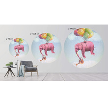 Väggdekal med elefant som flyger med ballonger, i olika storlekar