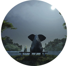 Illustration av en elefant och en katt som sitter på en bänk vid sjön