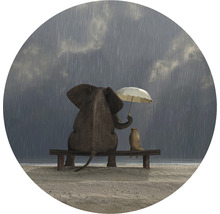 Illustration av en elefant och en surikat som sitter på en bänk under ett paraply i regnet