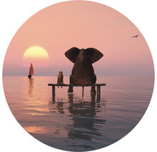Illustration av en elefant och en hund som sitter på en bänk vid havet och tittar på en solnedgång.
