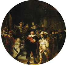 Målningen Nattskiftet av Rembrandt visar en grupp beväpnade män.