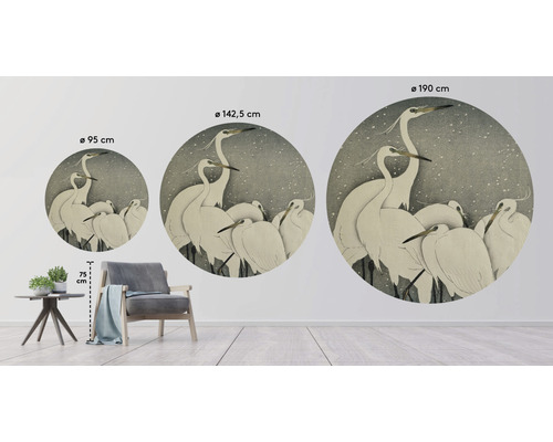 Väggdekoration med hägermotiv i tre olika storlekar, 95 centimeter i diameter, 142,5 centimeter i diameter och 190 centimeter i diameter