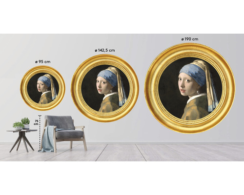 Dekorativ väggmålning med guldram och målningen Flicka med pärlörhänge i tre storlekar