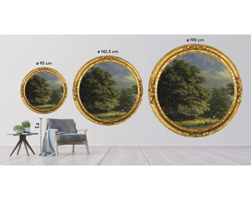 Tre runda landskapsmålningar med guldramar i storlekarna 95 cm, 142,5 cm och 190 cm