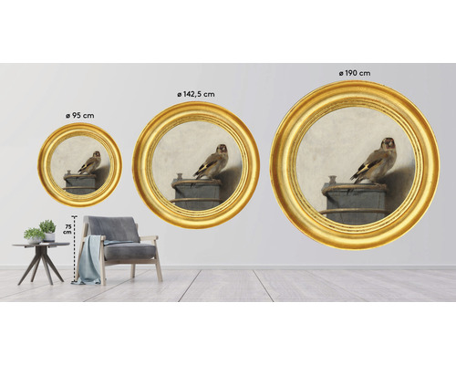 Tre runda målningar med fågelmotiv i guldramar, olika storlekar som väggdekoration