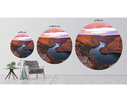 Tre runda väggmålningar med flodlandskap i olika storlekar ovanför en fåtölj