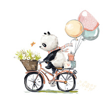 Illustration av en panda på en cykel med blommor och ballonger