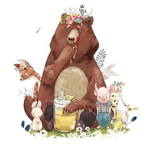 Illustration av en björn med honung, omgiven av skogsdjur.