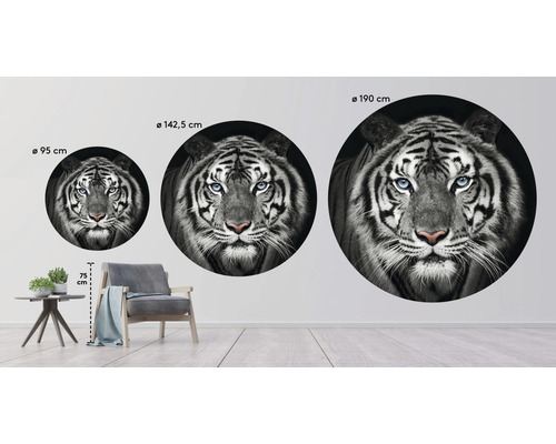 Tre väggdekaler med tigermotiv i olika storlekar i ett vardagsrum.