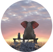 Illustration av en elefant och en fågel som sitter på en bänk och tittar på solnedgången