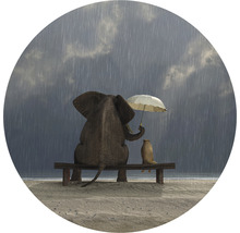 Illustration med en elefant och en präriehund som sitter på en bänk under ett paraply i regnet