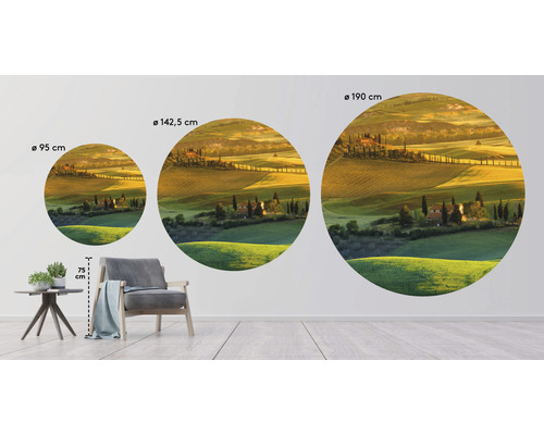 Tre runda väggmålningar med toskanskt landskap i olika storlekar