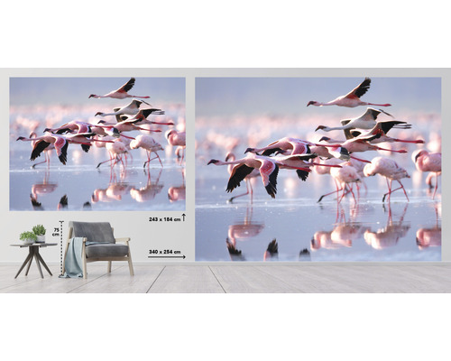 Fototapet med flamingor som flyger över en sjö