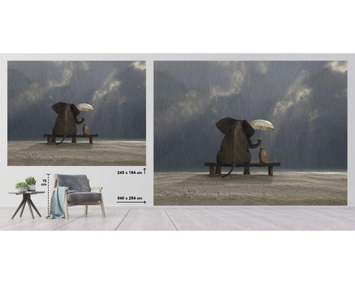 Väggmålning med elefant och surikat som sitter på en bänk i regnet