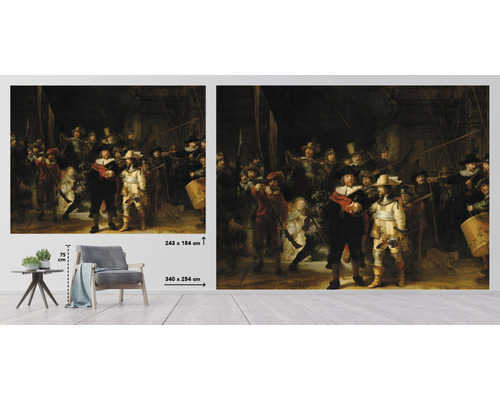 Fototapet med målningen ''Nattvakten'' och måttangivelser