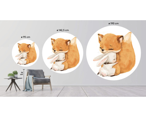 Olika storlekar på väggdekalen med räv och kanin i barnrummet