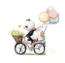 Illustration av en panda på en cykel med blommor och ballonger