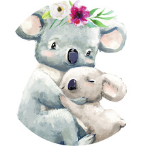 Illustration av en koalamamma med blomsterkrans som kramar sin unge