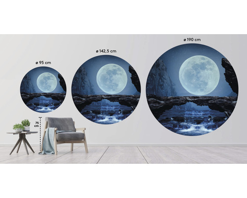Tre runda väggmålningar med mån-, klipp- och vattenfallsmotiv i olika storlekar som dekorationsexempel