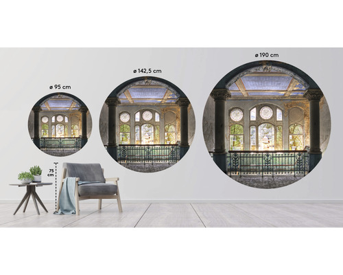 Dekorativ väggdekal med historisk byggnad i tre storlekar: 95 cm, 142,5 cm och 190 cm diameter