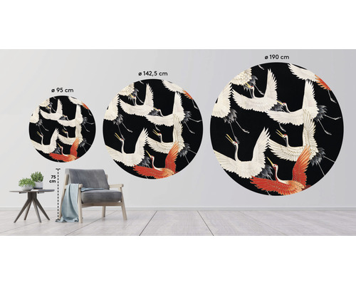 Tre runda väggmålningar med trandermotiv i olika storlekar, diametrar på 95 centimeter, 142,5 centimeter och 190 centimeter