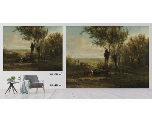 Väggmålning med landskap, inklusive kor, träd och staket, tillgänglig i två storlekar