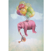 Illustration av en rosa elefant som flyger med ballonger och håller en vattenkanna