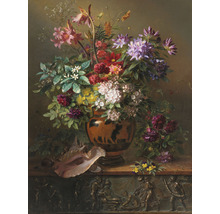Stillebenmålning med blomsterarrangemang i vas och snäcka på piedestal
