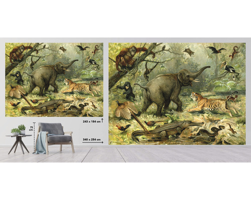 Illustration av en djungelscen med elefant, tiger och krokodil som väggdekoration