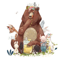 Illustration av en björn med honung omgiven av skogsdjur som rådjur, kanin, gris och anka