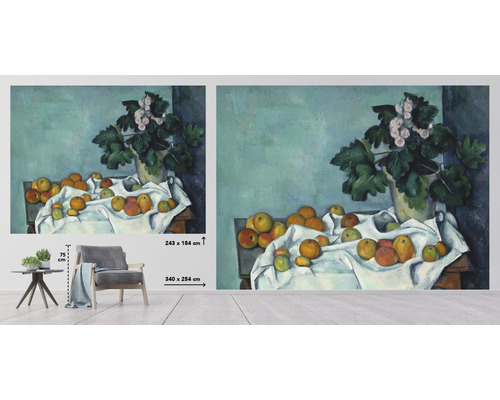 Väggmålning med stillebenmotiv, bestående av frukt och krukväxt