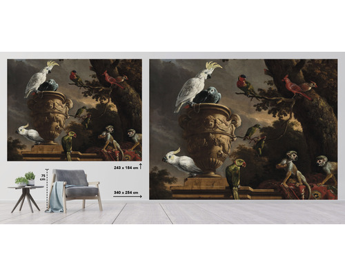 Väggmålning med apor och fåglar i vintagestil, 340 x 254 centimeter