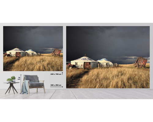 Väggmålning med jurtor och vagn i gräset, format 340 x 254 centimeter