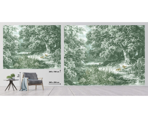 Fototapet skogslandskap med bäck och vilda djur