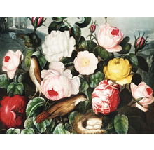 Målning av blommor, två fåglar och ett fågelbo