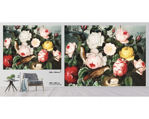 Fototapet med rosmotiv, fågel och fågelbo med ägg, storleksangivelse