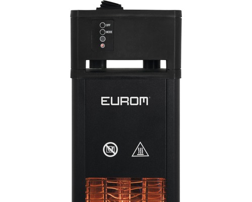 Detalj av en elektrisk värmare från Eurom med kontroller, säkerhetsvarningar och företagslogotyp